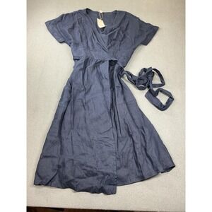 Grae Cove Wrap Dress Womens Large Blue Linen Midi Short Sleeve Tie Cottagecore